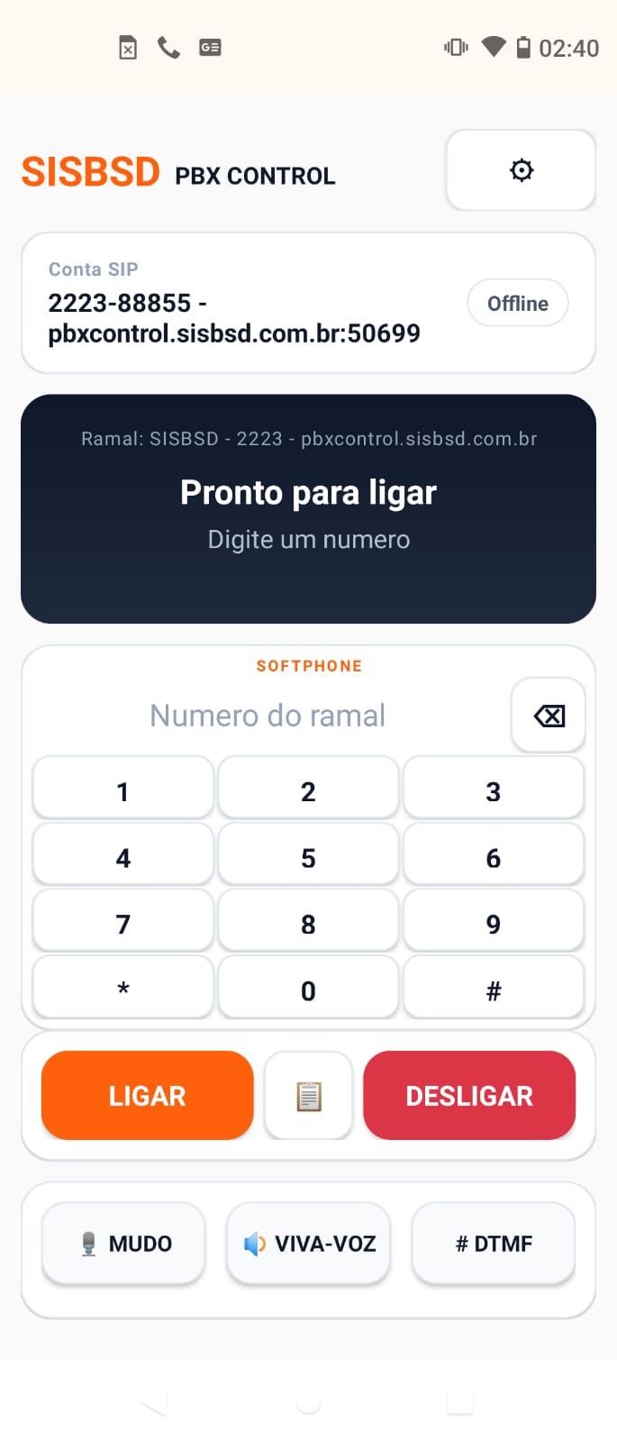 Tela de configurações do Softphone SISBSD