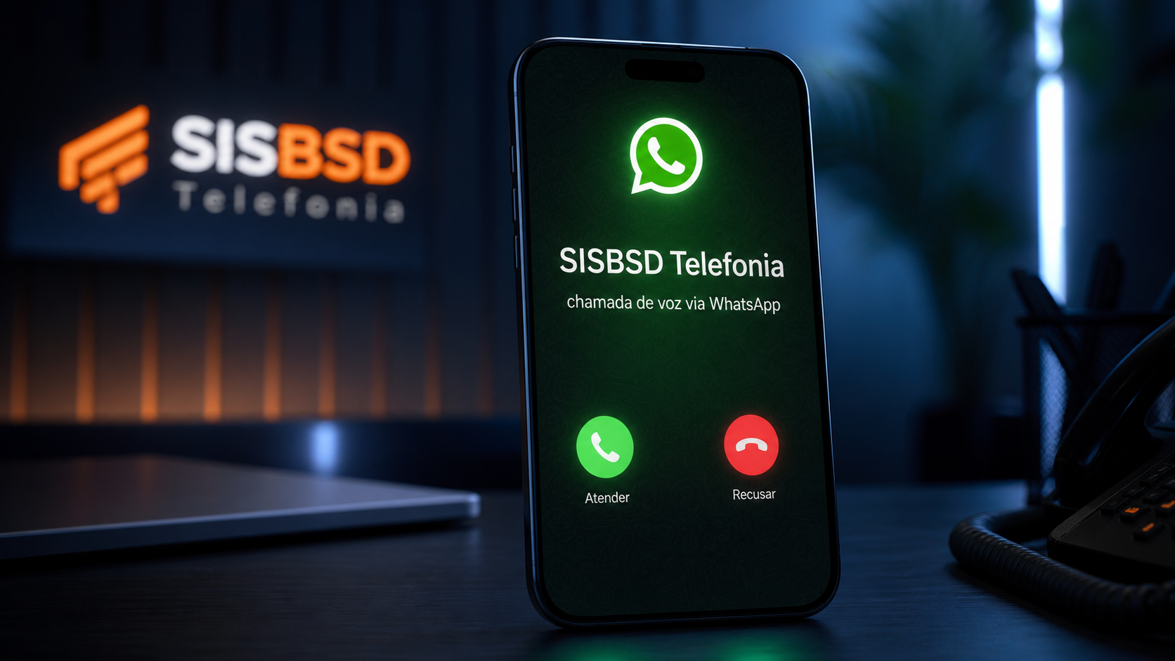 Celular mostrando chamada de voz via WhatsApp da SISBSD Telefonia